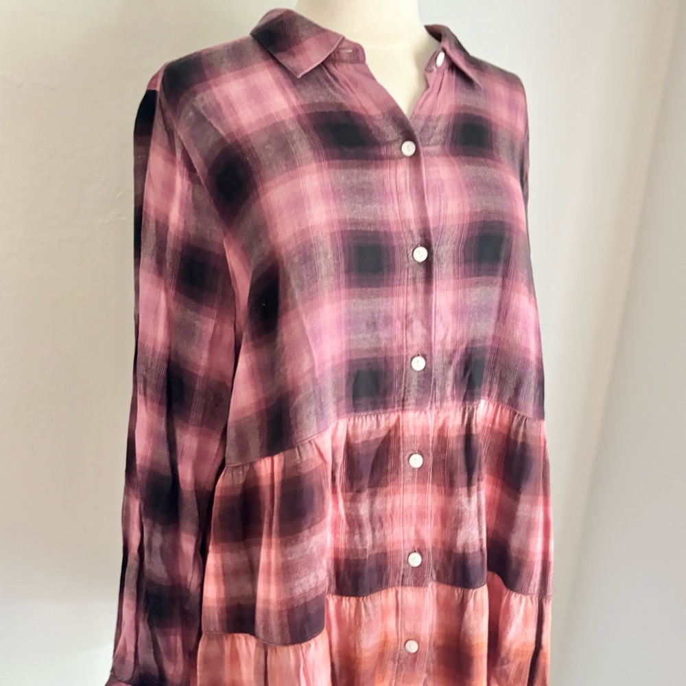 J Jill Plaid Brushed Cotton Modal Tiered Ombre Tunic Button-Up, Size Medium - Picture 2 of 8
